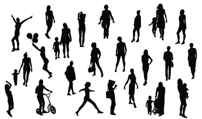 Silhouettes of girls and women in different poses, vector.