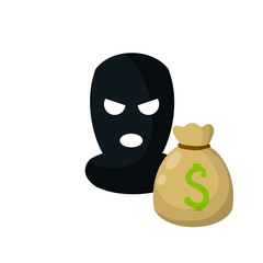 Mask of thief. Robber's black Balaclava. Bag of money and dollar sign. Icon for crime and security issues. Cartoon flat illustration