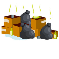 Urban waste problem. Pollution of environment. Cartoon flat illustration. Trash in black bag, containers, empty cardboard boxes, bottles and scraps, junk