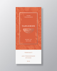 Tangerine Home Fragrance Abstract Vector Label Template. Hand Drawn Sketch Flowers, Leaves Background and Retro Typography. Premium Room Perfume Packaging Design Layout. Realistic Mockup.