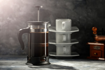 fresh coffee and dark mood background. 