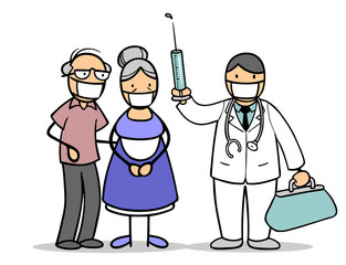 Senioren mit Mundschutz bekommen Covid-19 Impfung