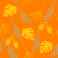 Fototapeta na wymiar Funky Tropical Vector Seamless Pattern. Banana Leaves Monstera Feather Dandelion Tropical Seamless Pattern. 