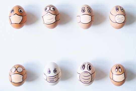 Diverse chicken eggs in with doodle faces wearing medical masks