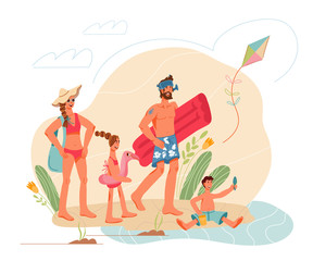 Fototapeta premium Family summer vacation at beach scene. Parents and children cartoon characters in journey on sea shore. Water activity and recreation. Flat vector illustration isolated.