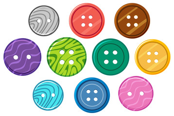 Set of different patterns on round buttons on white background