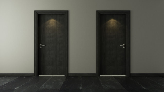 Two black wooden door under spot light with wall and black stone floor