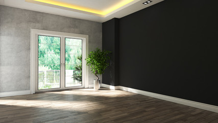 black and concrete wall empty room interior design with wooden floor and plant
