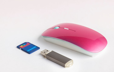 Red computer mouse and memory card background.  Space for text.