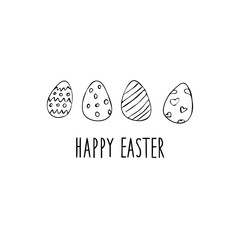 Four easter egg set with text happy easter. Cute doodle card