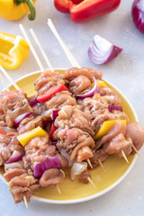Homemade Raw Chicken Shish Kebabs with Peppers and Onions