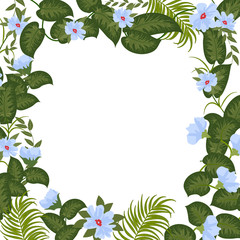 Vector tropical jungle banner, frame with palm trees leaves and blue flowers