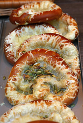 Close up fresh pretzel bread on retail display