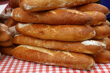 Fresh French baguette bread on retail display