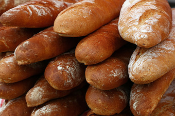 Fresh French baguette bread on retail display