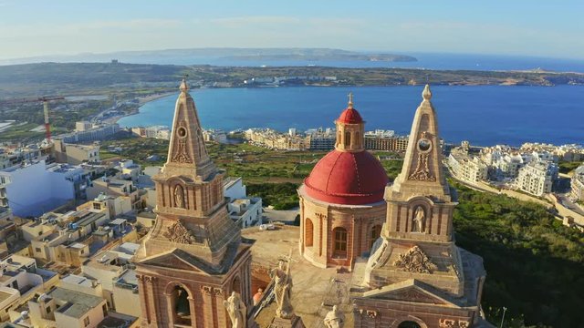 Aerial view close up view of Mellieha Parish Church. Maltese island