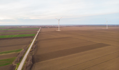 Windmills and fields. Aerial photography.