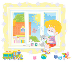 Quarantine at home, a little boy wearing a protective mask, playing with a cute small kitten on a windowsill in a nursery room on a beautiful sunny day, vector cartoon illustration on a white backgrou