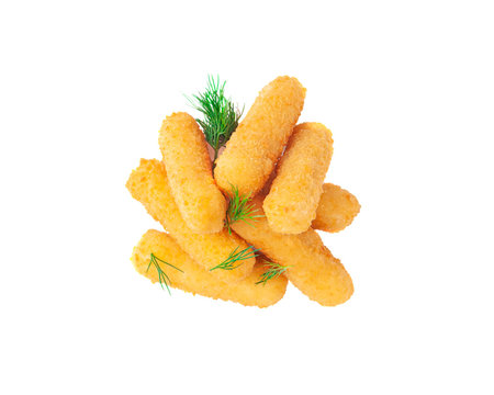 Deep-fried Cheese Sticks With Dill. Close-up. White Background. Isolated. View From Above.