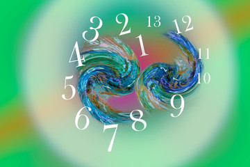 White numbers around abstract figures on a green background, numerology