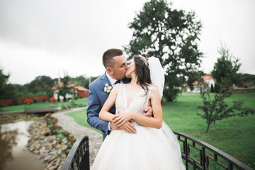 Romantic, fairytale, happy newlywed couple hugging and kissing in a park, trees in background