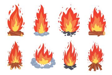 Campfire different types. Vector burning bonfire frames. Camping fire collection. Fireplace with fire coals or woodfire in cartoon style set.