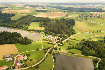 Aerial view of Haselbach and Haselbachlake in summer