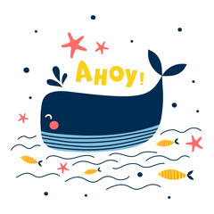 Cute whal print for t-shirts. Kids vector illustrations