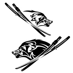 snarling wolf head and samurai katana sword black and white vector outline