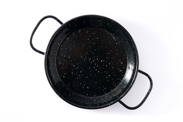 Empty black paella pan kitchenware isolated on white background. Top view