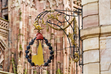 Iron sign tribute to Jean-Michel Sulzer who saved the spire and the tower of Strasbourg Cathedral France