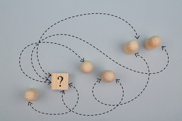 FAQ web service. Ask info online. Frequently asked questions. Top view of wooden figures, cube with...