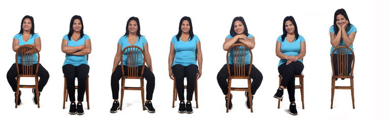 Obraz premium woman sitting with rotated chair on white
