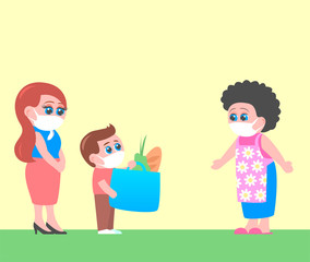 Mom and son brought grandmother food during the epidemic. All in protective masks. Vector cartoon illustration.