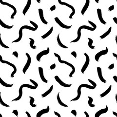 Wavy and swirled brush strokes vector seamless pattern. Black paint freehand scribbles, abstract ink background.