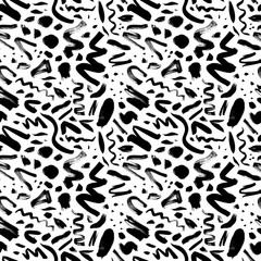Messy black paint smudges and dots vector seamless pattern. Abstract wavy lines and shapes