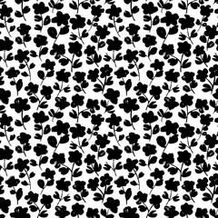 Monochrome floral vector seamless pattern. Garden flowers leaves and petals silhouettes hand drawn illustration.