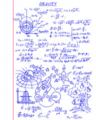 Gravity. The law of centrifugal force of the Earth. Physical equations on workbook. Vector hand-drawn illustration. Vintage scientific and educational background. 