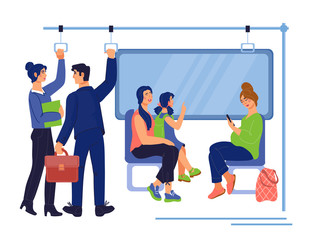 Passengers crowd cartoon characters in subway or suburban commute. People in public railway transport tube. Modern urban vehicle and transportation. Flat vector illustration isolated.