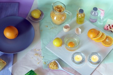 Soap, burning candles, ingredients for mask and body care, home relaxation, spa, hygiene, natural cosmetics, healthy lifestyle