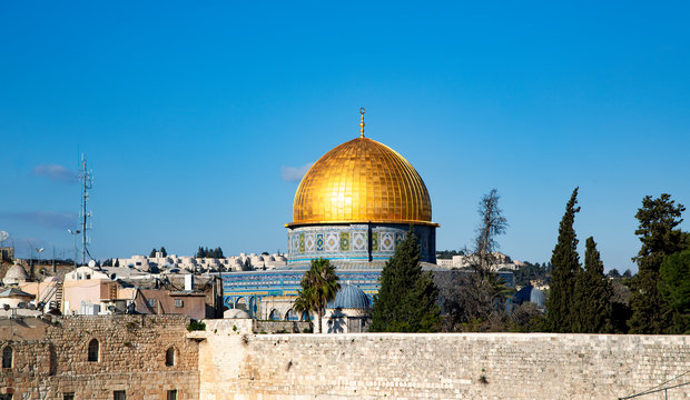 Al Aqsa Mosque the golden Dome of the Rock is one of the oldest examples of Islamic architecture.  Jerusalem. Middle East, Israel
