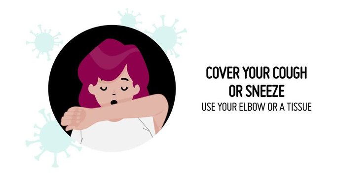 Coronavirus tips: How to slow the spread of COVID-19 Cover your cough or sneeze. Use your elbow or a tissue_English language. Prevention animation illustration.