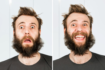 Young guy with beard Man before shave, haircut. set