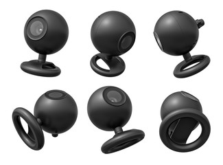 3d rendering of set of six black webcams isolated on white background.