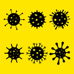 Set of black virus icons. Coronavirus icon isolated on yellow background. China pathogen respiratory infection, asian flu outbreak. Microbe, bacterium icon in glyph style, corona virus.