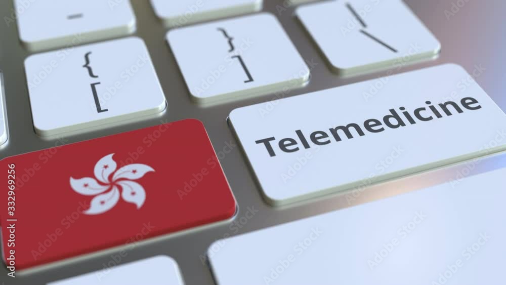 Poster telemedicine text and flag of hong kong on the computer keyboard. remote medical services related co