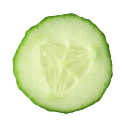 Sliced slice of fresh cucumber closeup on a white background.