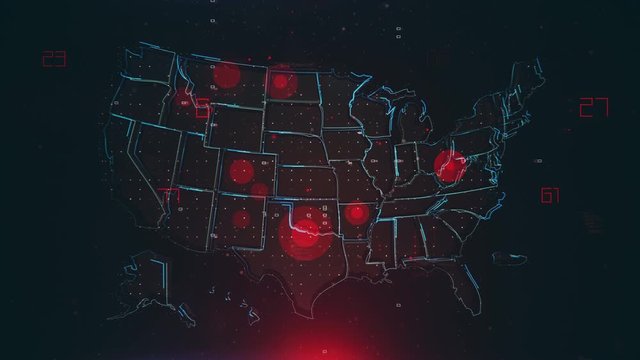 Motion graphics map of USA with the localization and spread of the epidemic across the country. Suitable for mapping outbreaks of diseases, epidemics, the spread of crisis situations, emergency events