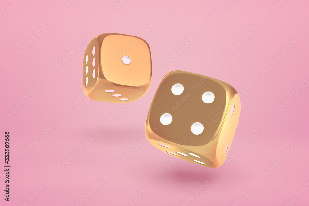 Poster 3d close-up rendering of two glossy gold dice bouncing on yogurt pink background.