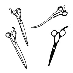 Set of pet grooming scissors for dog styling and grooming salon, icons for web site design. Vector outline illustration isolated on white background.